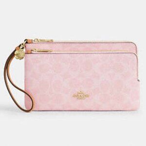 Coach Double Zip Wristlet In Signature Canvas With Charms Gold/Powder Pink New
